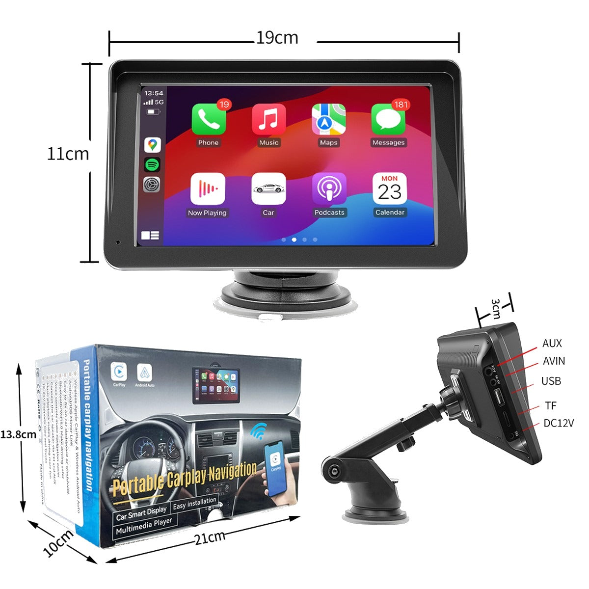 Screen size, 19 by 11 cm, and the retail box