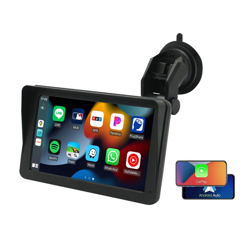 7-inch wireless CarPlay screen on its suction-cup mount