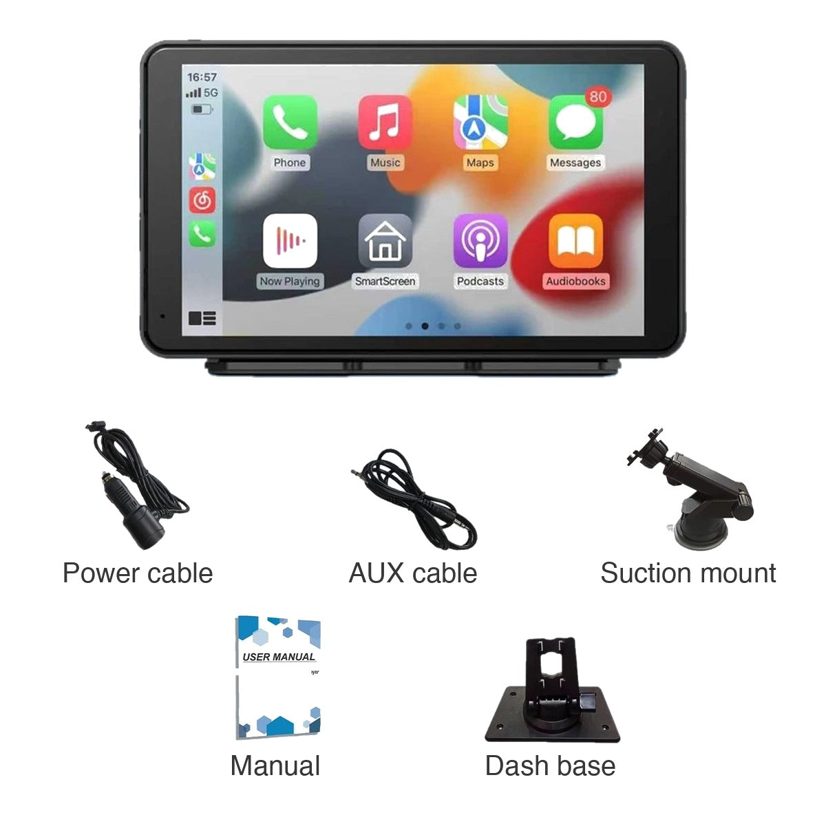 Everything in the box: screen, power cable, AUX cable, suction mount, manual, dash base