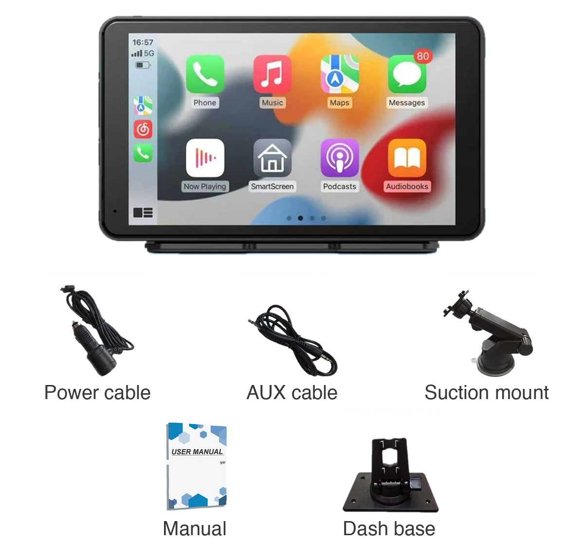 Everything in the box: the 7-inch screen on its dash base, power cable, AUX cable, suction mount, manual, dash base
